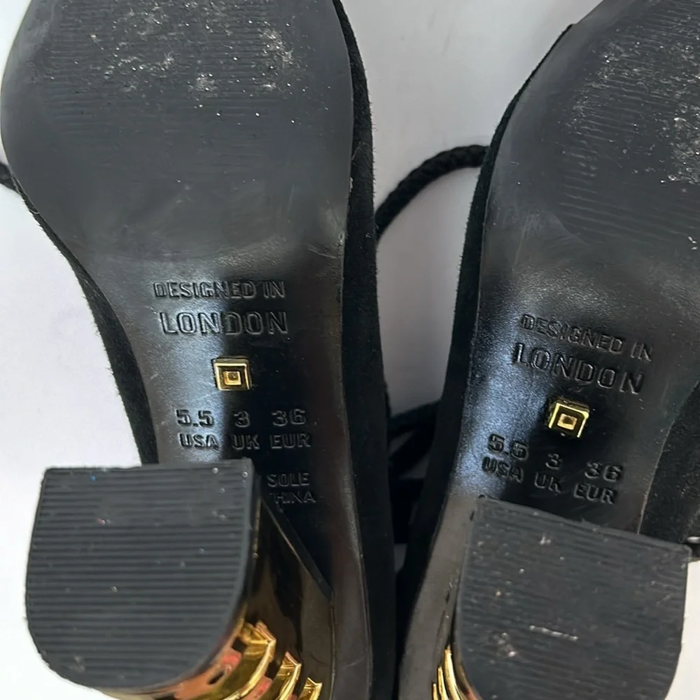 KAT MACONIE Betsy Suede Black Sandals Gold Heels Lace Up women’s size 5.5